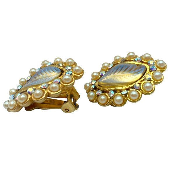 Vintage Leaf Earrings Faux Pearls & Gold Glass Opalescent Rhinestone 50's Clip - Picture 3 of 7